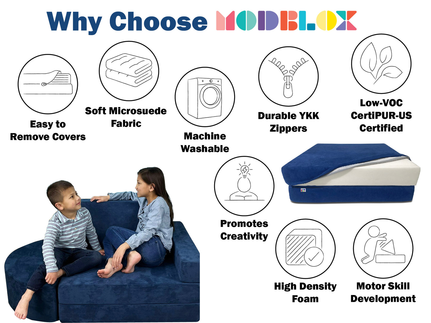 Mod Blox 5 Piece Soft Furniture Playset Modular Microsuede Foam Play Couch for Creative Kids