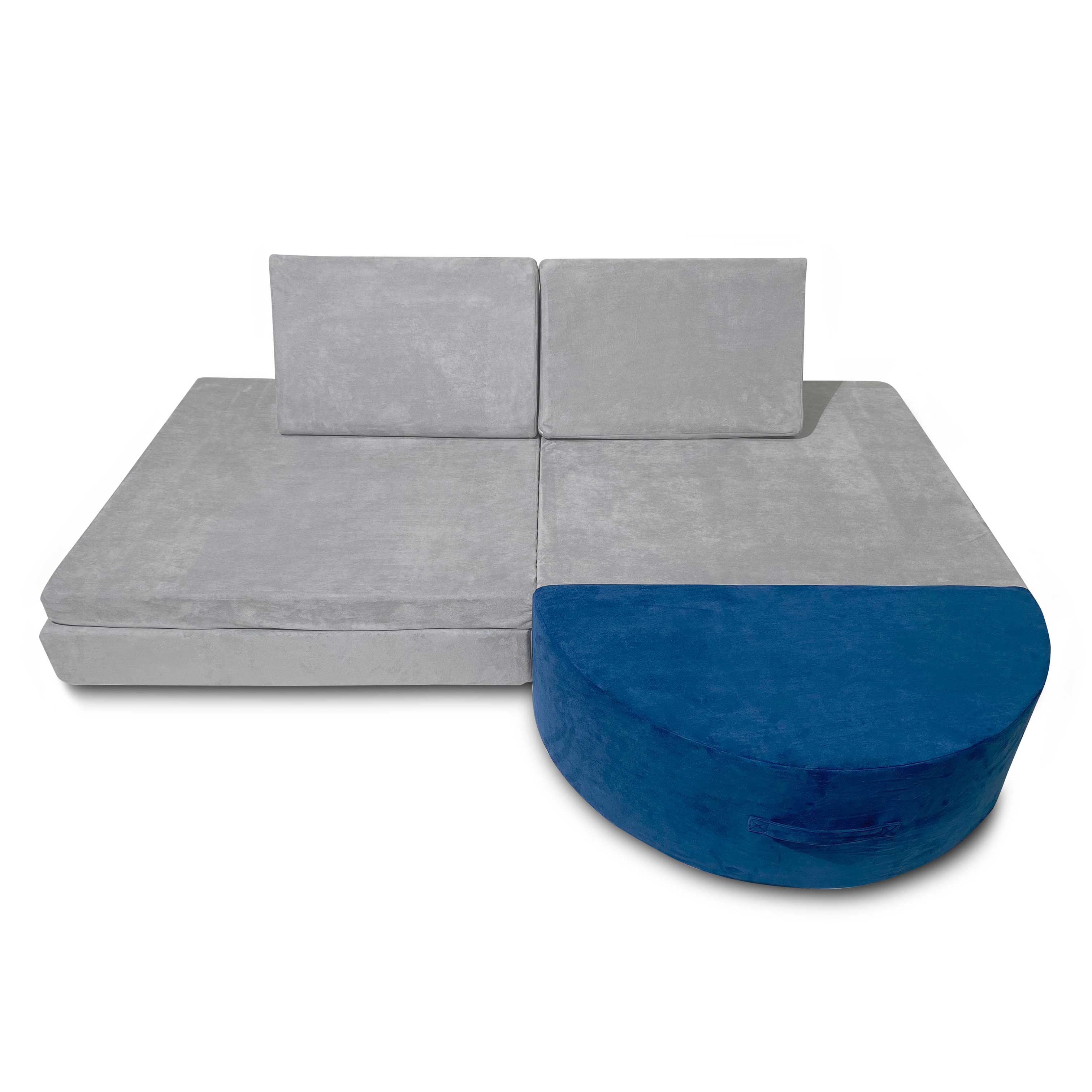 The Mod Blox modern grey sofa combined with a vibrant blue semi circle pillow on a clean white background.
