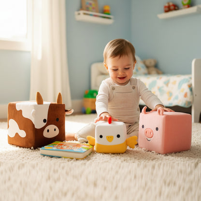Farm Friends Foam Play Cube Set — Plush Cow, Pig & Chicken with Storybook