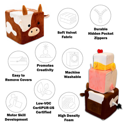 Farm Friends Foam Play Cube Set — Plush Cow, Pig & Chicken with Storybook