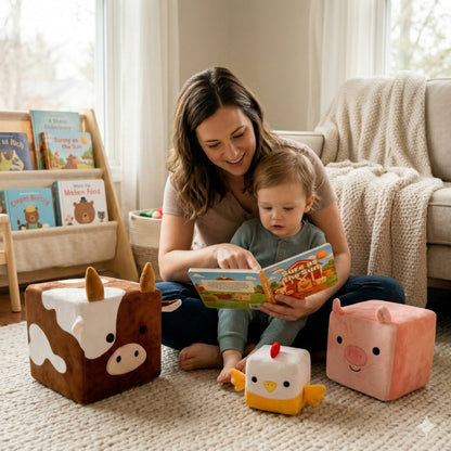 Farm Friends Foam Play Cube Set — Plush Cow, Pig & Chicken with Storybook