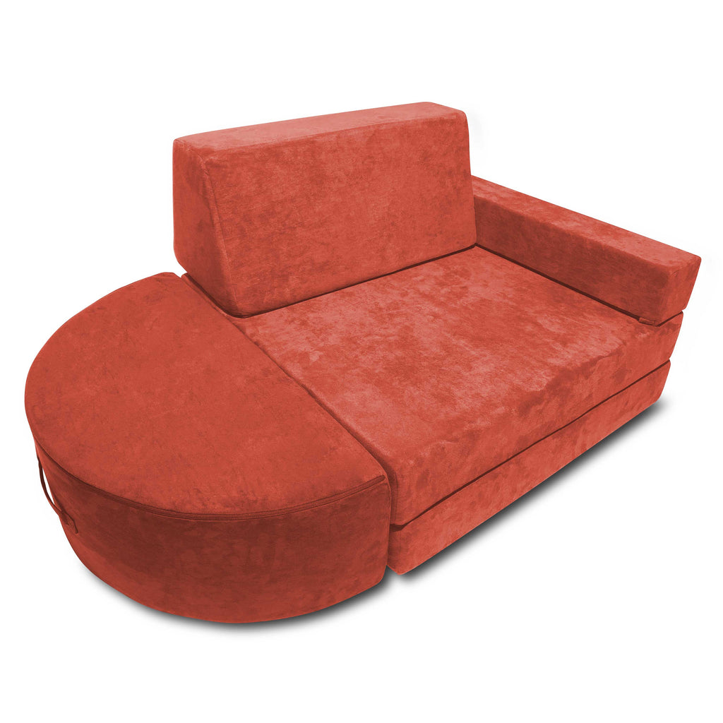 Microsuede modular sofa playset made of soft foam and microsuede lining in vibrant burnt red color.