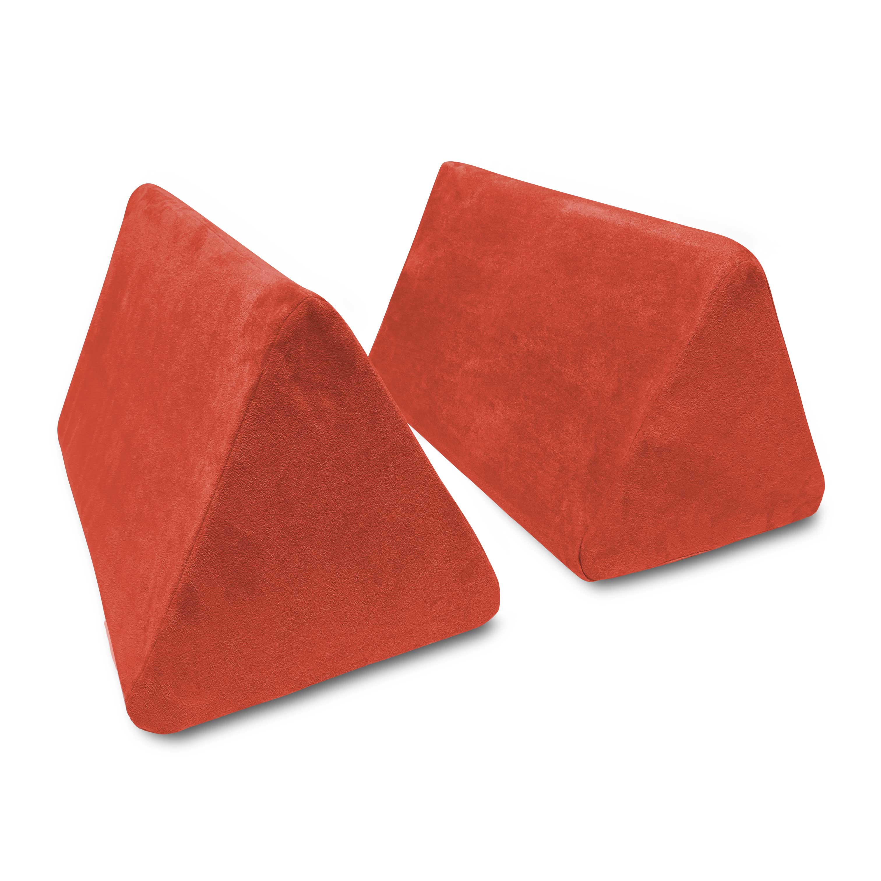 Two soft microsuede burnt red triangle foam wedge pillows on white background.
